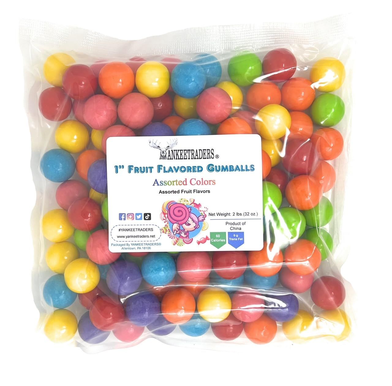 YANKEETRADERS Assorted Fruit Flavored Gumballs 1&quot;, 2 Pounds Bulk