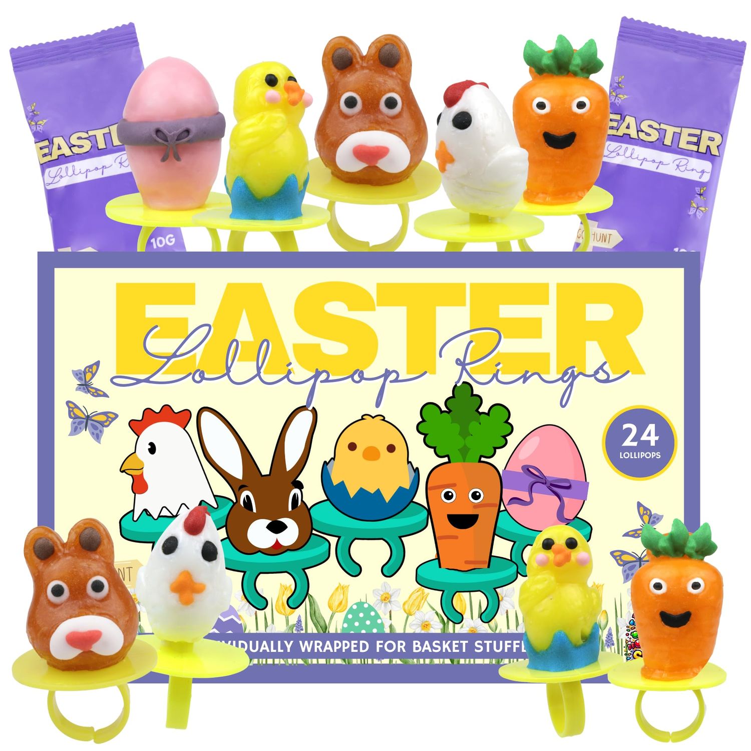 2025 Easter Candy 3D Lollipop Rings, Individually Wrapped Bunny Chick Carrot Shaped Suckers, Basket Stuffers, 24 Pieces, 8.47 Ounces