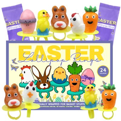 2025 Easter Candy 3D Lollipop Rings, Individually Wrapped Bunny Chick Carrot Shaped Suckers, Basket Stuffers, 24 Pieces, 8.47 Ounces