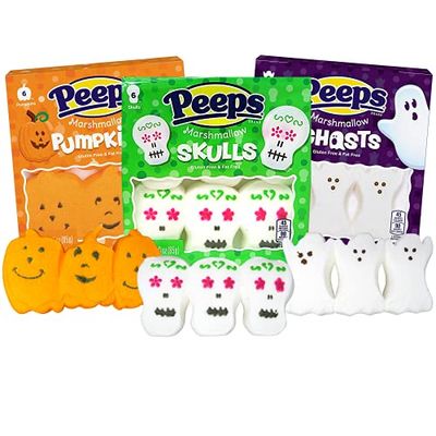 Needzo Peeps Candy Halloween Ghost, Skulls and Pumpkins Fun Shaped Marshmallows, Marshmallow Birthday Party Favor Gift Candies for Peep Lovers (Pack of 3)