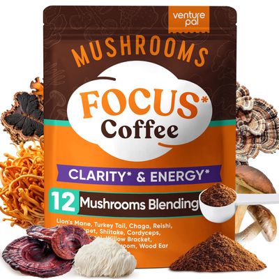 Venture Pal 12 Mushrooms Coffee Powder with Ashwagandha, Lion&#39;s Mane, Reishi, Probiotics &amp; More, 1200mg(10:1) Extract Instant Mushroom Coffee for Focus, Immunity Boost, Memory &amp; Clarity - 40 Servings
