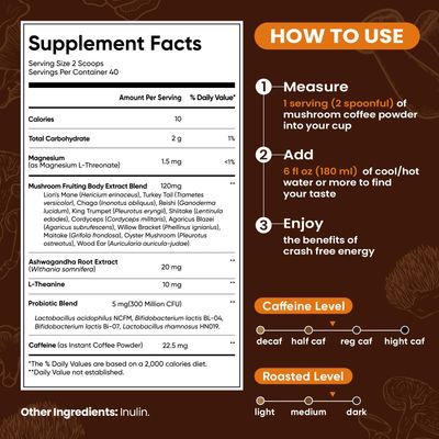Venture Pal 12 Mushrooms Coffee Powder with Ashwagandha, Lion's Mane, Reishi, Probiotics &amp; More, 1200mg(10:1) Extract Instant Mushroom Coffee for Focus, Immunity Boost, Memory &amp; Clarity - 40 Servings
