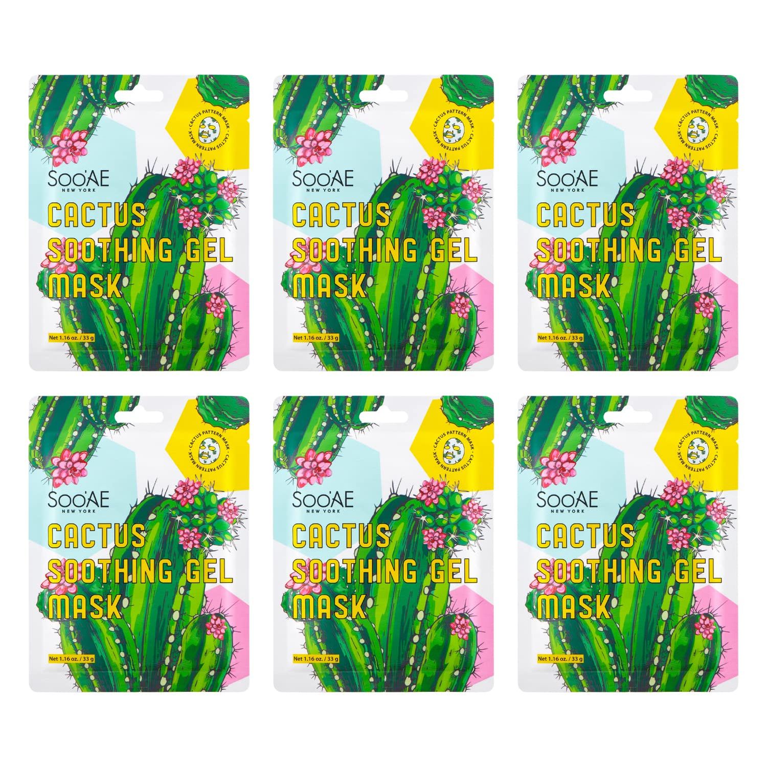 Soo&#39;AE Cactus Soothing Gel Mask 6 Count PLUMPING BALANCING, Best Easter Basket Stuffers, Cute and Fun For Kids too, For Dry &amp; Dehydrated Skin, Premium Korean Skincare, Value 6 Packs