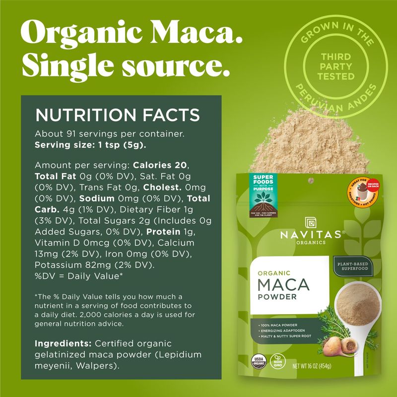 Navitas Organics Maca Powder - 100% Gelatinized Peruvian Maca for Smoothies, Lattes, Baking &amp; More - Energize &amp; Balance - USDA Organic, Non GMO, Vegan, Gluten Free (16oz. Bag, 180 Servings, 2-Pack)