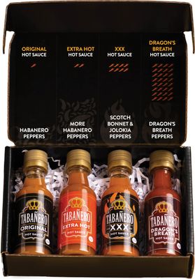 Mini Hot Sauce Challenge Box by Tabaero, Original, Extra Hot, XXX Hot &amp; Dragons Breath, Hot Sauce Gift, Gluten Free, All Natural, Low Sodium, Vegan, Kosher, Made in the USA, 4-Pack, 1.7 oz Bottles