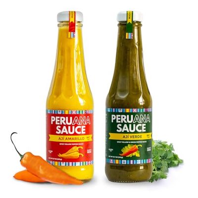 Peruana Sauce Aji Amarillo Sauce &amp; Aji Verde Sauce Variety Pack - Peruvian Yellow Pepper and Green Hot Sauce - 12.7 oz Glass Bottles - Made in Peru with Fresh Ingredients, Gluten Free, Lactose Free