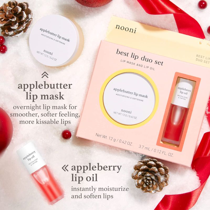 NOONI Korean Vegan Best Lip Duo Applebutter Lip Mask and Appleberry Lip Oil Value Set with Shea Butter, Apple Seed Oil and Vitamins, Overnight Lip Mask, Hydrating Lip Balm, Mother's Day