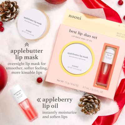 NOONI Korean Vegan Best Lip Duo Applebutter Lip Mask and Appleberry Lip Oil Value Set with Shea Butter, Apple Seed Oil and Vitamins, Overnight Lip Mask, Hydrating Lip Balm, Mother's Day