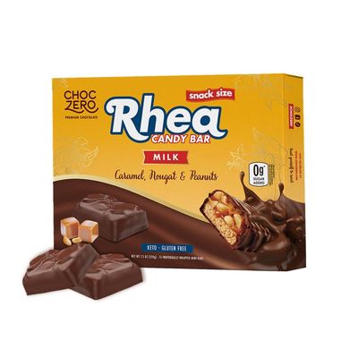 ChocZero Milk Chocolate Peanut &amp; Caramel Nougat Candy Bar, Zero Sugar Added, High Fiber, Sharing Size Rhea Bars (15 per Box)