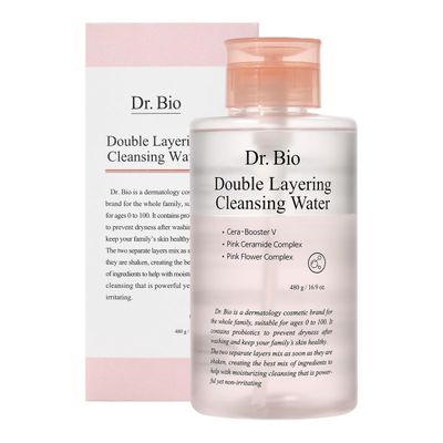 Dr. Bio Double Layering Cleansing Water (16.9oz/480ml) Face Cleanser and Makeup Remover, Micellar Cleansing Water for Sensitive Skin, Probiotic Soothing and Hydration, Korean Skin Care, Vegan