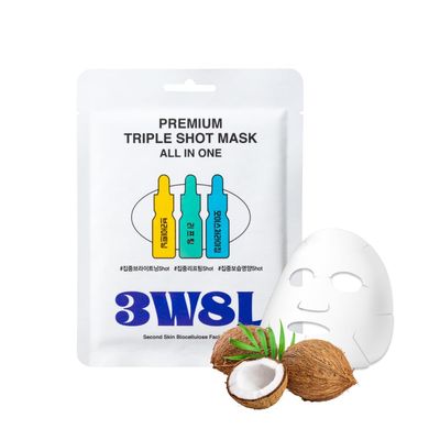3words 8letters 3W8L Premium Triple Shot Mask All-in-One 0.84 fl oz Face Mask Collagen Peptide With Vitamin C Ampoule Shot Secound Skin BioCellulose Coconut Gel Sheet Korean Skin Care