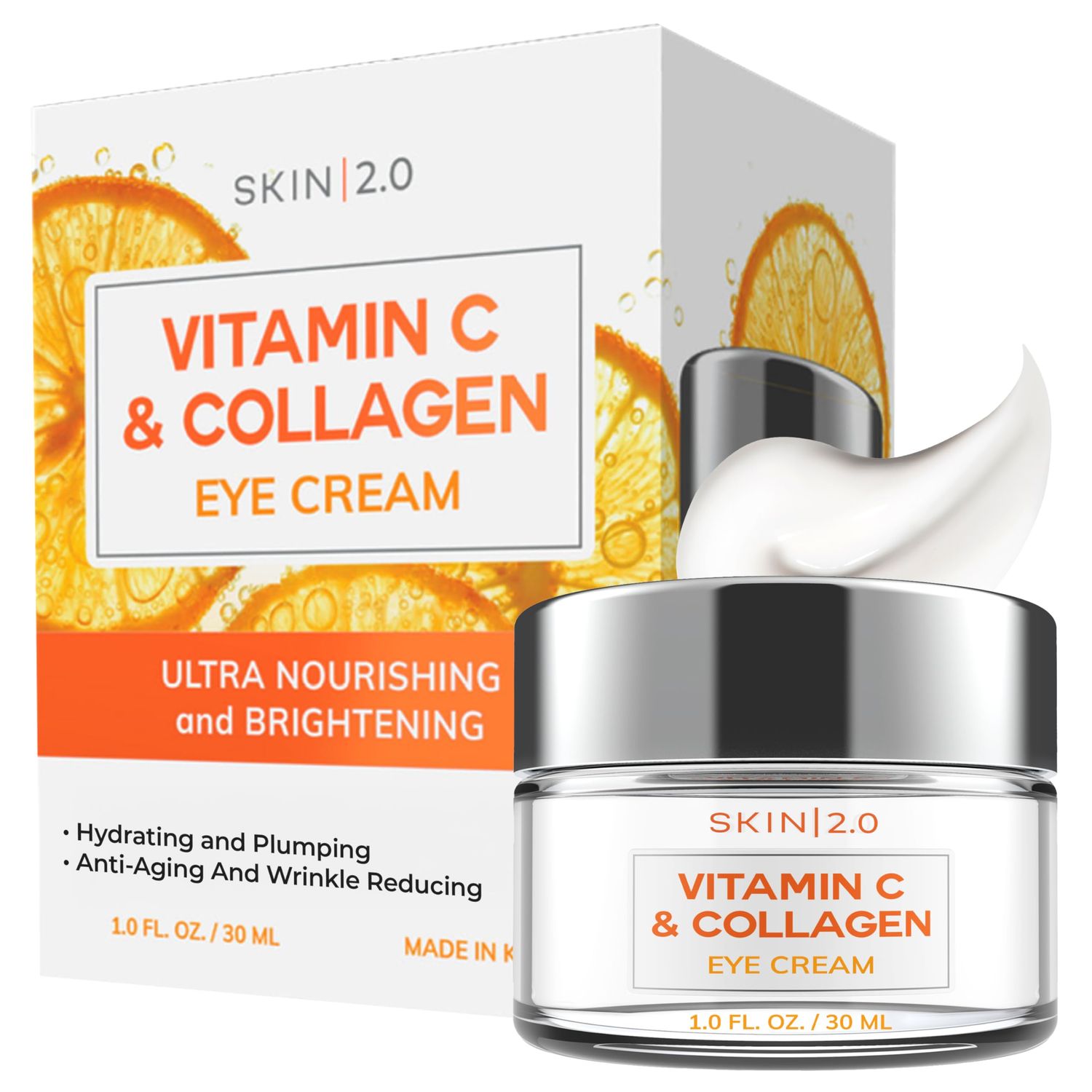 Skin 2.0 Vitamin C &amp; Collagen Eye Cream - Dermatologist-Tested, Anti-Aging, Korean Skin Care, Brightens Dark Circles &amp; Firms Skin - Hydrating &amp; Nourishing Formula - 95% Natural, Vegan- 1.69 FL. Oz