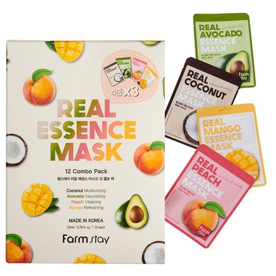 FARMSTAY Real Essence Facial Sheet 12Pack Korean Skincare Mask Combo,Hypoallergenic,Moisturizing,Nourishing,Vitalizing, Refreshing0.78 fl.oz.12 ea (Coconut,Avocado,Peach,Mango)