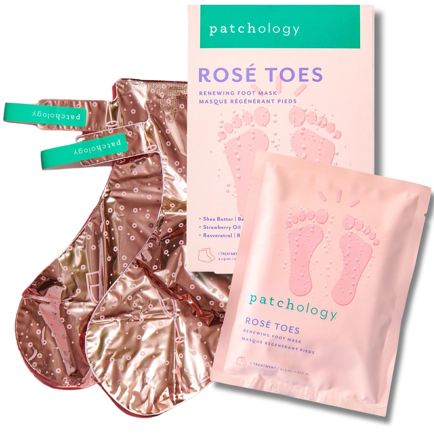 Patchology Ros Toes Moisturizing Foot Mask - Shea Butter &amp; Strawberry Scented Booties for Dry, Cracked Feet, Disposable Spa Socks with Resveratrol for Soothing Foot Care, Self-Care Essentials