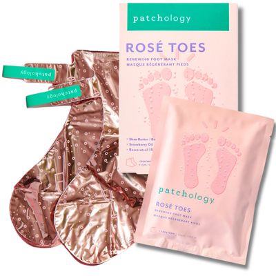 Patchology Ros Toes Moisturizing Foot Mask - Shea Butter &amp; Strawberry Scented Booties for Dry, Cracked Feet, Disposable Spa Socks with Resveratrol for Soothing Foot Care, Self-Care Essentials