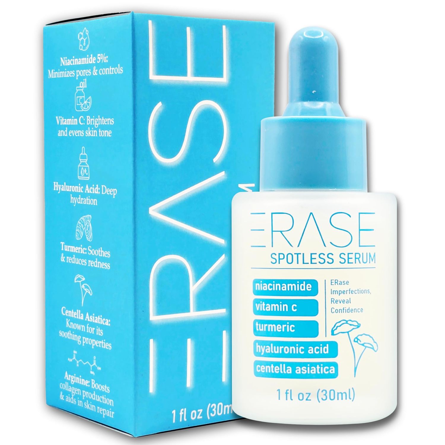ERase Spotless Serum - Vitamin C Serum for Dark Spots with Niacinamide 5%, Korean Skin Care, Proactive Acne Treatment For Face, Hyaluronic Acid Hydration, Soothing Turmeric &amp; Centella Asiatica, 1fl oz