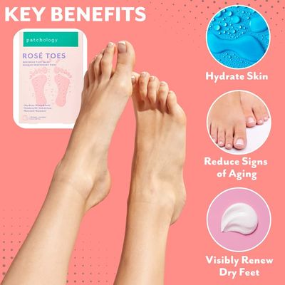 Patchology Ros Toes Moisturizing Foot Mask - Shea Butter & Strawberry Scented Booties for Dry, Cracked Feet, Disposable Spa Socks with Resveratrol for Soothing Foot Care, Self-Care Essentials