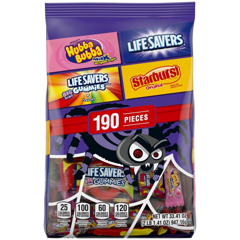 STARBURST Original, LIFE SAVERS Gummies, LIFE SAVERS Hard Candy &amp; HUBBA BUBBA Max Bubble Gum Individually Wrapped Trick or Treat Halloween Candy Variety Pack, 190 Ct Bulk Bag