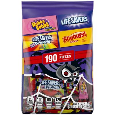 STARBURST Original, LIFE SAVERS Gummies, LIFE SAVERS Hard Candy &amp; HUBBA BUBBA Max Bubble Gum Individually Wrapped Trick or Treat Halloween Candy Variety Pack, 190 Ct Bulk Bag