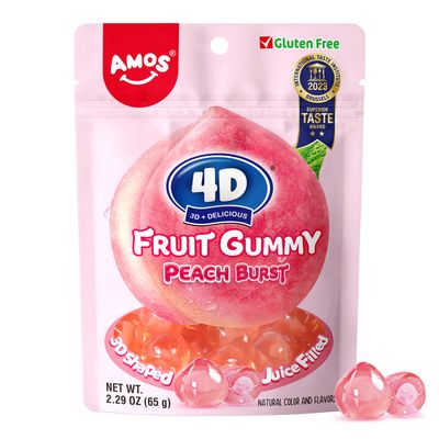 Amos 4D Gummy Candy Peach Burst - Fruity, Jelly-Filled, Natural Flavor - Resealable 2.29oz Bag Valentine&#39;s Candy Gift (Pack of 8)