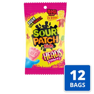 SOUR PATCH KIDS Heads 2 Flavors in 1 Soft &amp; Chewy Candy, Bulk Candy, 12 - 8 oz Bags