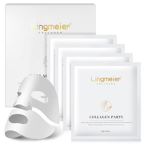 Lingmeier Collagen Face Mask, Real Collagen 80,000ppm for Elasticity, Skin Care with Hyaluronic Acid, Hyaluronic Acid Serum for Face, Original Hydrating Collagen Face Mask, 39g x4 Sheets