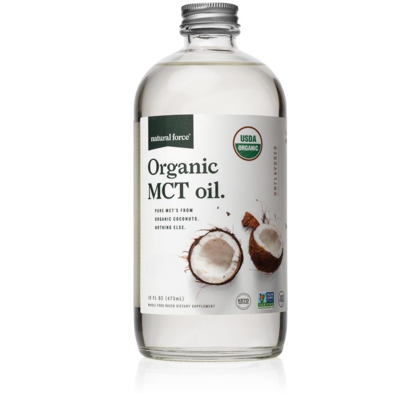 Natural Force 100% Virgin Coconut MCT Oil - 16oz Glass Bottle, Certified Keto, Paleo, Kosher, Vegan &amp; Non-GMO