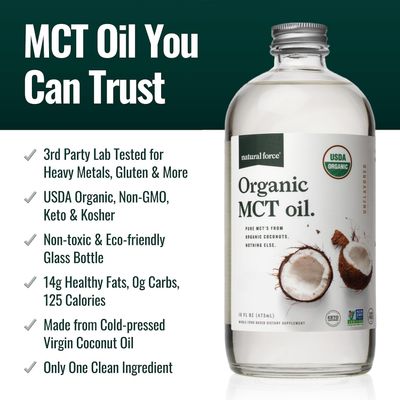 Natural Force 100% Virgin Coconut MCT Oil - 16oz Glass Bottle, Certified Keto, Paleo, Kosher, Vegan &amp; Non-GMO