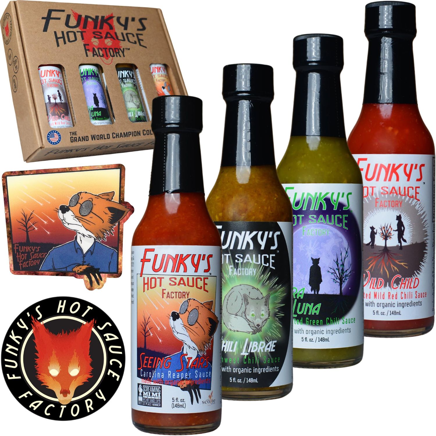 Funky&#39;s Hot Sauce Factory, Grand World Champion: &quot;Seeing Stars&quot; Plus &quot;Wild Child&quot; &amp; &quot;Terra Luna&quot; &amp; &quot;Chili Librae&quot;, Hot Sauce Gift Set, 20 fl oz Includes-Free Rhino Fine Foods Funky&#39;s Swag Magnet