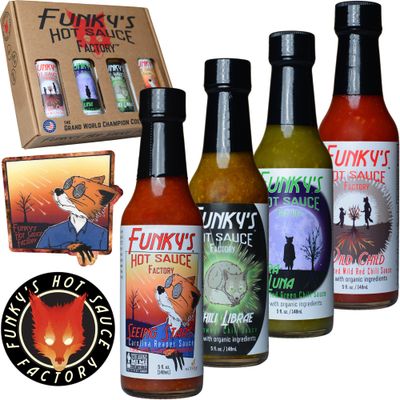 Funky&#39;s Hot Sauce Factory, Grand World Champion: &quot;Seeing Stars&quot; Plus &quot;Wild Child&quot; &amp; &quot;Terra Luna&quot; &amp; &quot;Chili Librae&quot;, Hot Sauce Gift Set, 20 fl oz Includes-Free Rhino Fine Foods Funky&#39;s Swag Magnet