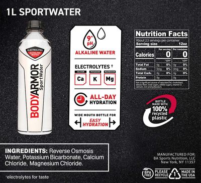 BODYARMOR SportWater Alkaline Water, Superior Hydration, High Alkaline Water pH 9, Electrolytes, Perfect for your Active Lifestyle, 1 Liter (Pack of 6)