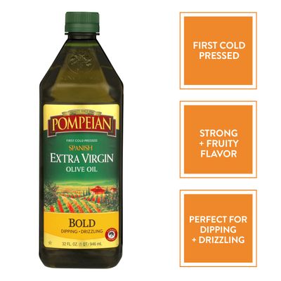 Pompeian Spanish Bold Extra Virgin Olive Oil, Contains Polyphenols, First Cold Pressed, Strong, Fruity Flavor, Perfect for Dipping and Drizzling, 32 FL. OZ