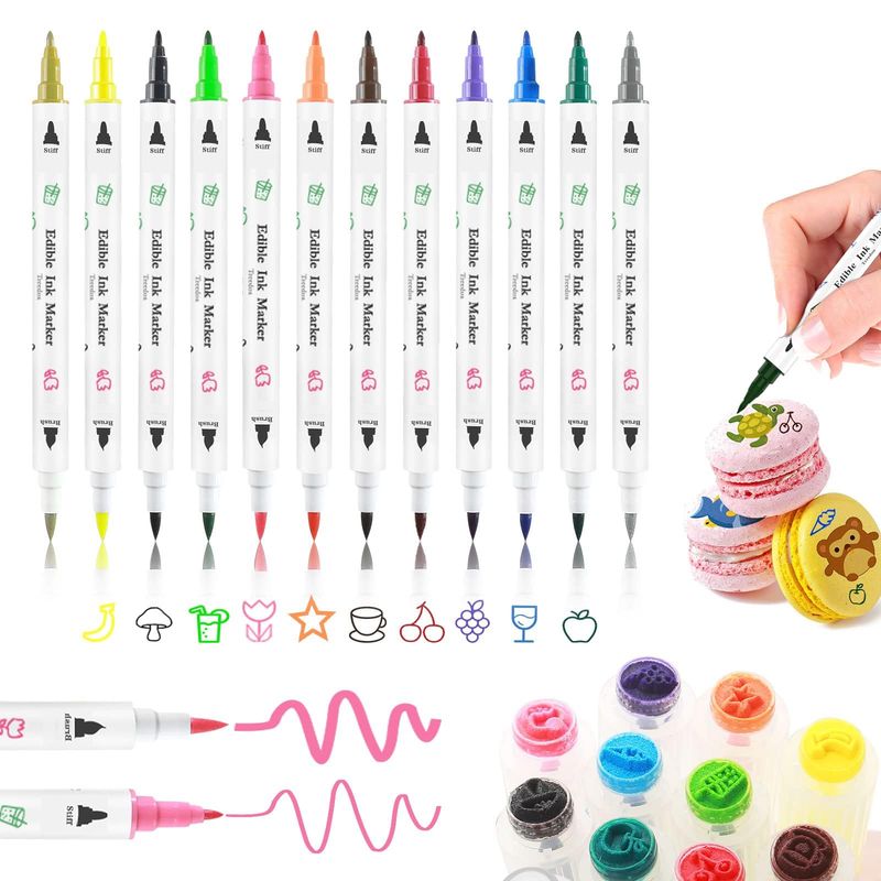 Food Coloring Pens,12Pcs Double Sided Food Grade Edible Markers with Fine&amp;Thick Tip Gourmet Writer for Fondant,Desserts,Easter Eggs,Edible Markers for Cookie Food Coloring for Cake Decorating