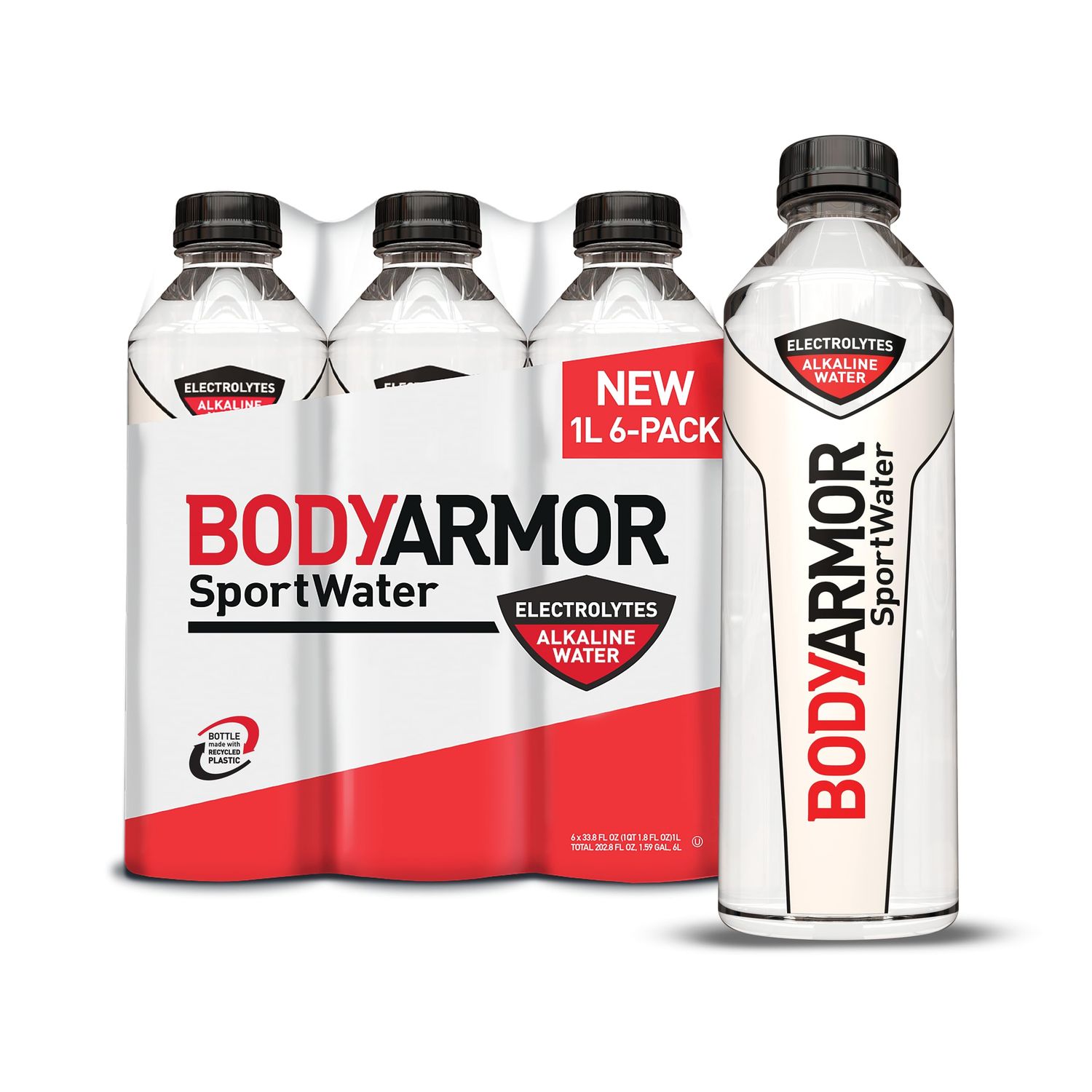 BODYARMOR SportWater Alkaline Water, Superior Hydration, High Alkaline Water pH 9, Electrolytes, Perfect for your Active Lifestyle, 1 Liter (Pack of 6)