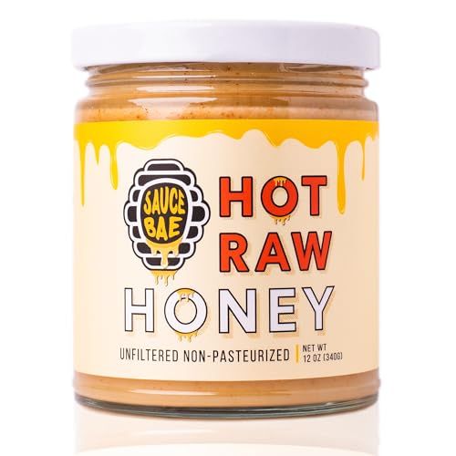 Sauce Bae Hot Raw Honey - Unfiltered &amp; Unpasteurized, 100% USA White Clover, Perfect for Charcuterie &amp; Sandwiches - 12 Oz