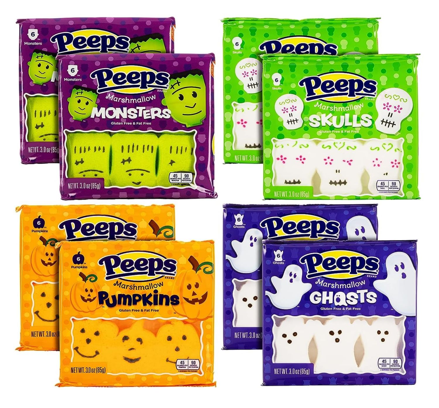 Smiling Sweets Peeps Marshmallows Variety of 8 Packs of Each Monsters Skulls, Ghosts and Pumpkins, 48 Total Halloween Peeps Marshmallows (Pack of 2)