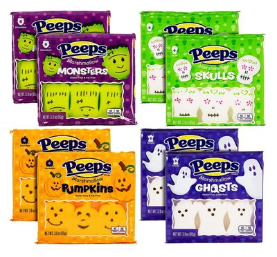 Smiling Sweets Peeps Marshmallows Variety of 8 Packs of Each Monsters Skulls, Ghosts and Pumpkins, 48 Total Halloween Peeps Marshmallows (Pack of 2)