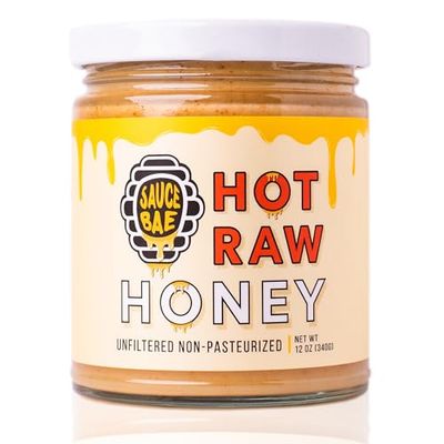 Sauce Bae Hot Raw Honey - Unfiltered &amp; Unpasteurized, 100% USA White Clover, Perfect for Charcuterie &amp; Sandwiches - 12 Oz