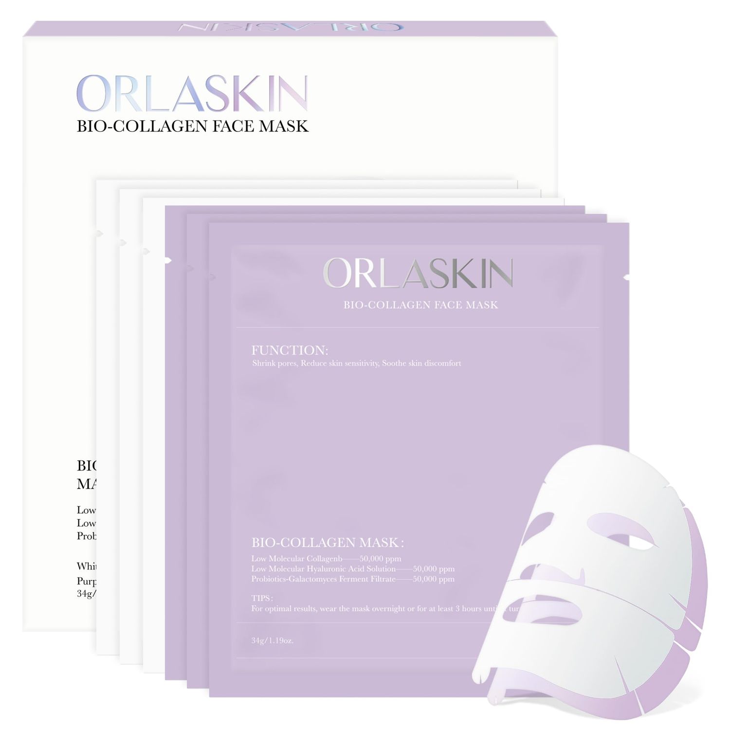 ORLASKIN 6PCS Collagen Face Mask Overnight Bio-Collagen Real Deep Mask Skincare Deep Collagen Anti Wrinkle Lifting Mask for Pore Minimizing Firming Elasticity and Wrinkle(3pcs White&amp;3pcs Purple)