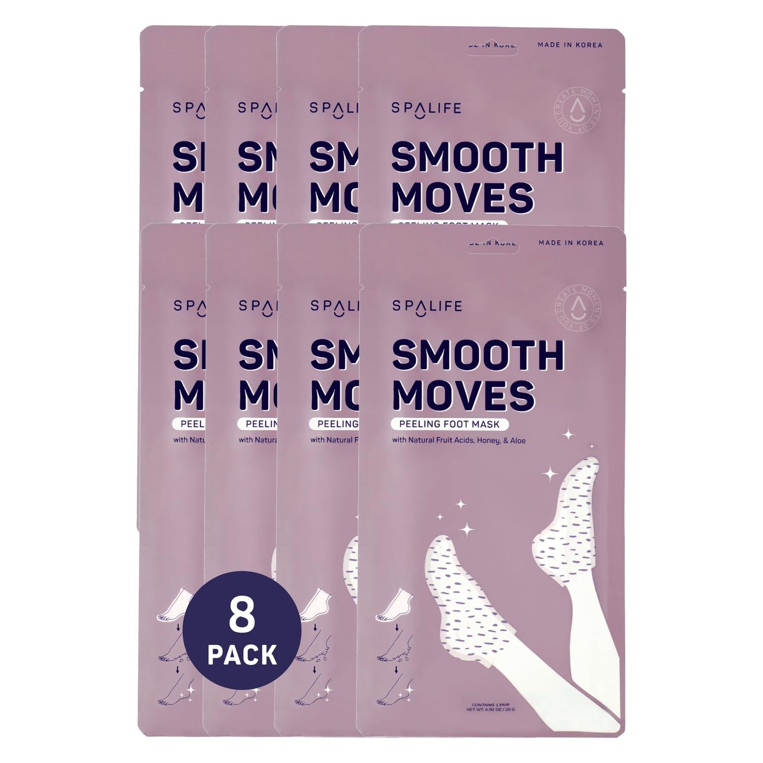 SpaLife Beauty Smooth Moves Peeling Foot Masks for Callus Removal - Foot Peel for Dry, Cracked Feet - Made with Natural Fruit Acids AHAs, Honey, Aloe, &amp; Eucalyptus for Softer, Smoother Feet - 8 Pack