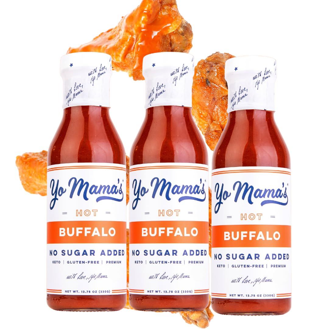 Yo Mamas Foods Keto Hot Buffalo Dipping, Marinade &amp; Wing Sauce - Pack of (3) - Low-Zero Carb, No Sugar Added, Whole30, Paleo, Gluten and Soy Free, and Low Calorie!