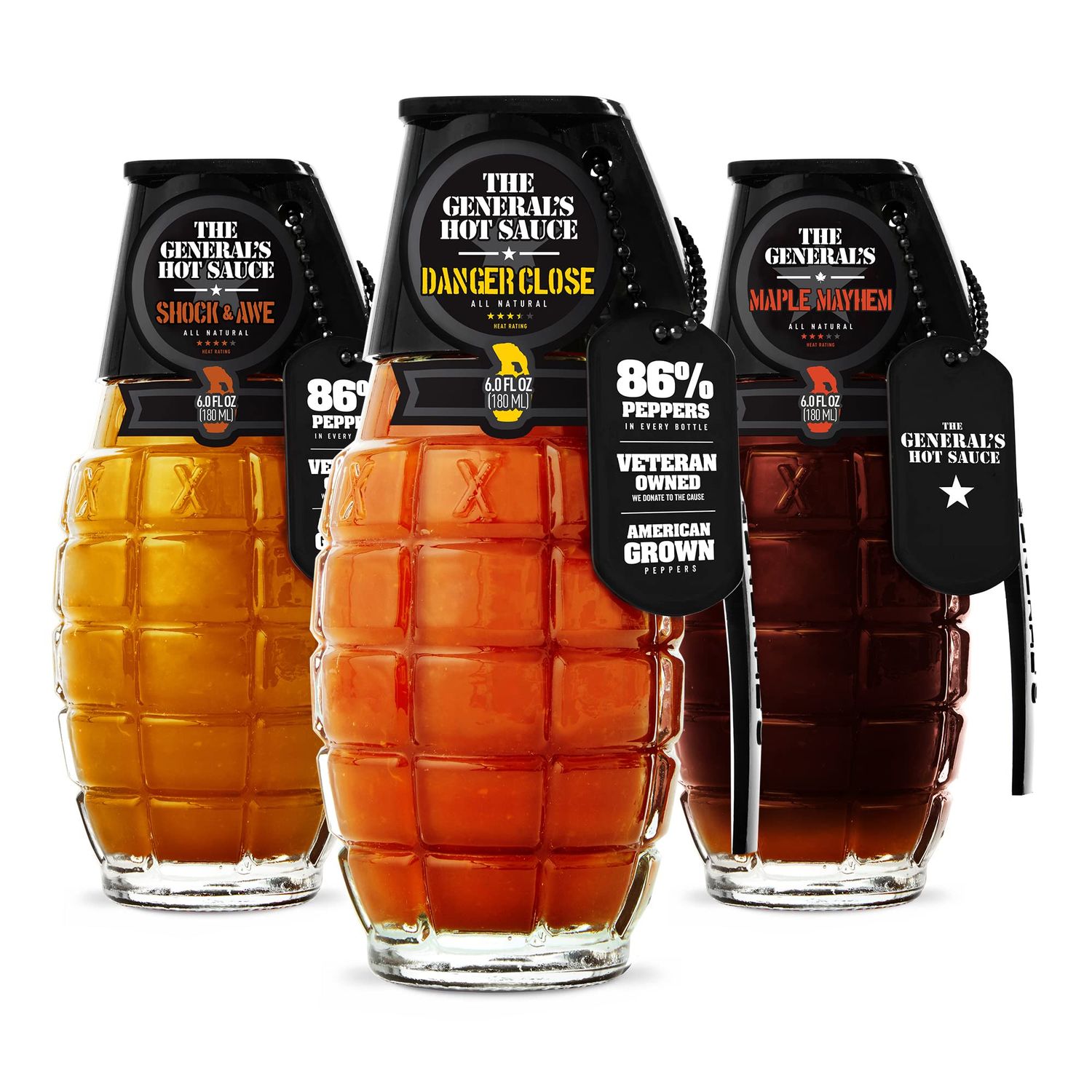 The General&#39;s Hot Sauce: Fire for Effect - 1 Bottle each of Maple Mayhem, Danger Close and Shock &amp; Awe (6 oz bottles)