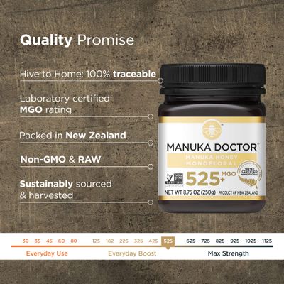 MANUKA DOCTOR - MGO 525 Manuka Honey Monofloral, 100% Pure New Zealand Honey. Certified. Guaranteed. RAW. Non-GMO (8.75 oz)