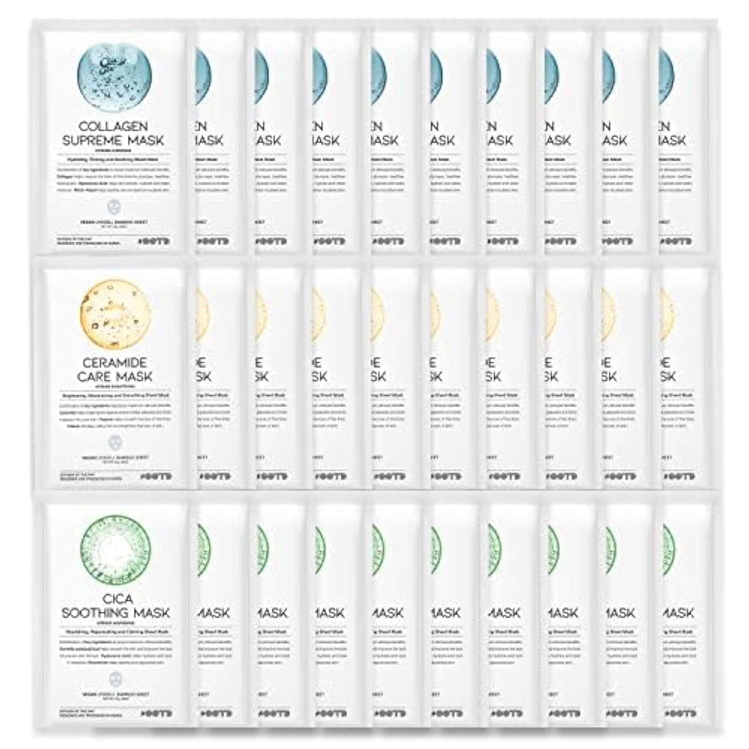 OOTD Hydrating Soothing Sheet Masks Gift Set for Skincare, Korean Vegan Sheet Mask for Dry, Sensitive Skin, Calming, Smoothing, Brightening, Collagen, Ceramide, Cica, Hyaluronic Acid 30EA