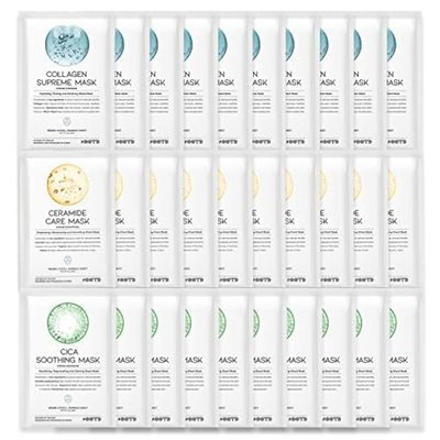OOTD Hydrating Soothing Sheet Masks Gift Set for Skincare, Korean Vegan Sheet Mask for Dry, Sensitive Skin, Calming, Smoothing, Brightening, Collagen, Ceramide, Cica, Hyaluronic Acid 30EA