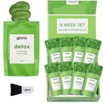 Glorio DETOX: 8 Cleansing Clay Face Mask Treatments - Rare Green Clay - 8 Week Beauty Set - Minimizes Pores, Blackheads, Breakouts - Glycolic Salicylic Acid, Indian Clay, Spa Gift Set, Face Skincare