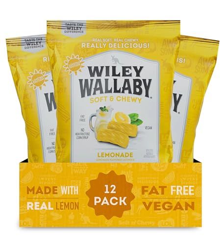 Wiley Wallaby Licorice 4 Ounce Classic Gourmet Soft &amp; Chewy Lemonade Licorice Candy Twists, 12 Pack
