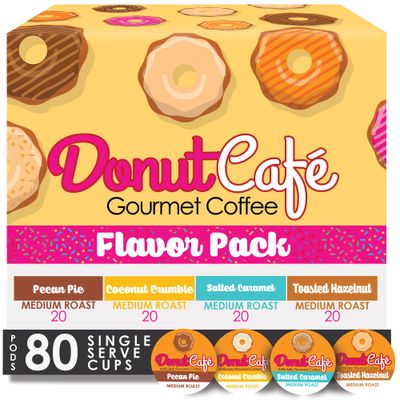 Donut Caf - Gourmet Coffee Medium Roast Flavored Variety Pack - Pecan Pie, Coconut Crumble, Salted Caramel, Toasted Hazelnut - Single Serve Coffee Pods for Keurig K Cup Brewers - 80 Count