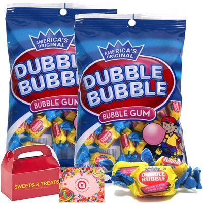 Dubbles Yummy Bubbles Gum America&#39;s Original Chewing Gum Birthday Party Pinata Gift Deco Prize Box Goodies - Treat Box Included (Bubble Gum Original Wrapped - 2 Bags)