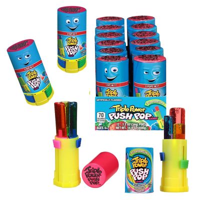 Push Pop Triple Power Three-in-One Individually Wrapped Bulk Lollipop Variety Party Pack - 12 Count Lollipops in Assorted Fruity Flavors - Fun Candy for Gifts &amp; Parties